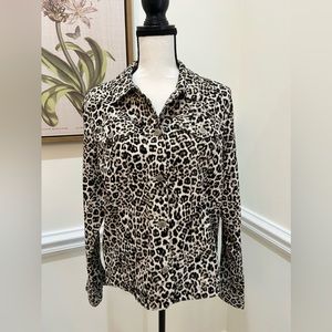 NWT  Charter Club Button Down Denim style Long Sleeve Jacket Animal Print SZ L